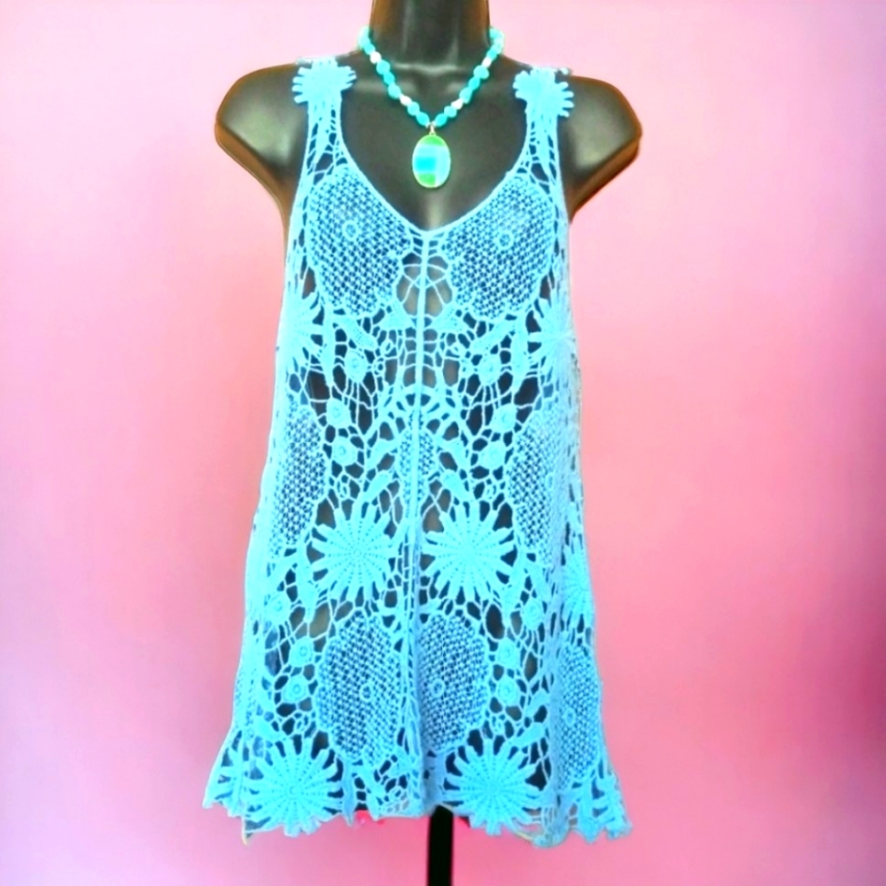 Jera Open Knit Top/Vest Women's Size S/XS? Blue Floral Boho Hippie
